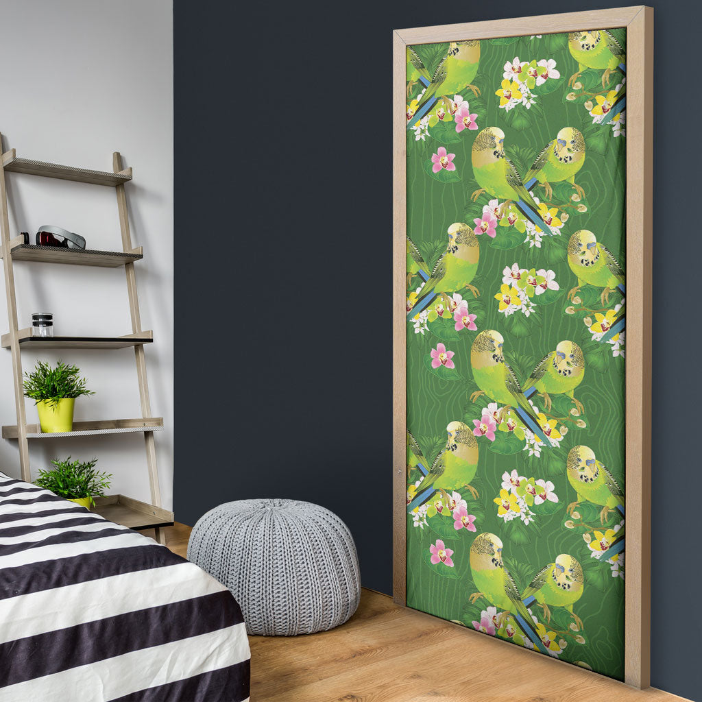 Australia Budgerigars Parakeets Door Cover Green And Yellow Bird Seamless Orchids Flowers