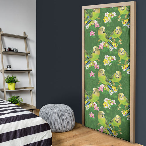 Australia Budgerigars Parakeets Door Cover Green And Yellow Bird Seamless Orchids Flowers