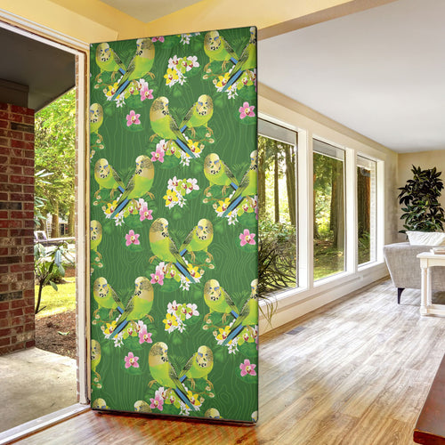 Australia Budgerigars Parakeets Door Cover Green And Yellow Bird Seamless Orchids Flowers