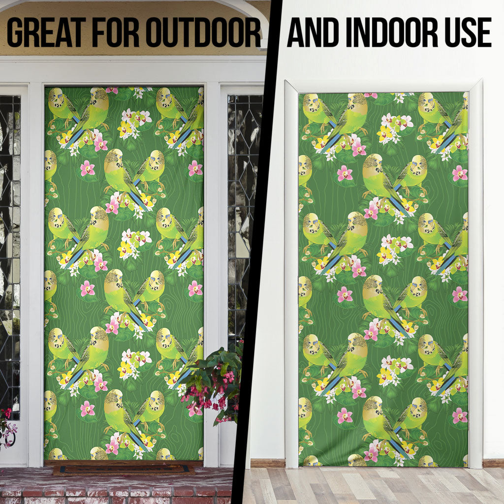 Australia Budgerigars Parakeets Door Cover Green And Yellow Bird Seamless Orchids Flowers