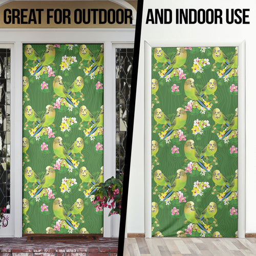 Australia Budgerigars Parakeets Door Cover Green And Yellow Bird Seamless Orchids Flowers