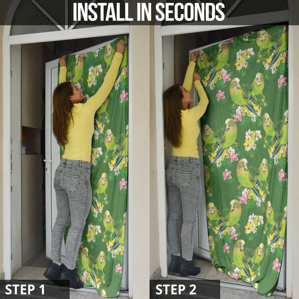Australia Budgerigars Parakeets Door Cover Green And Yellow Bird Seamless Orchids Flowers