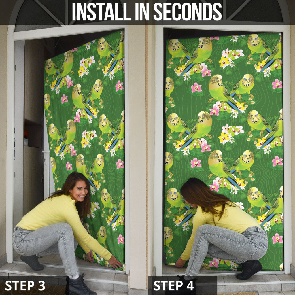 Australia Budgerigars Parakeets Door Cover Green And Yellow Bird Seamless Orchids Flowers