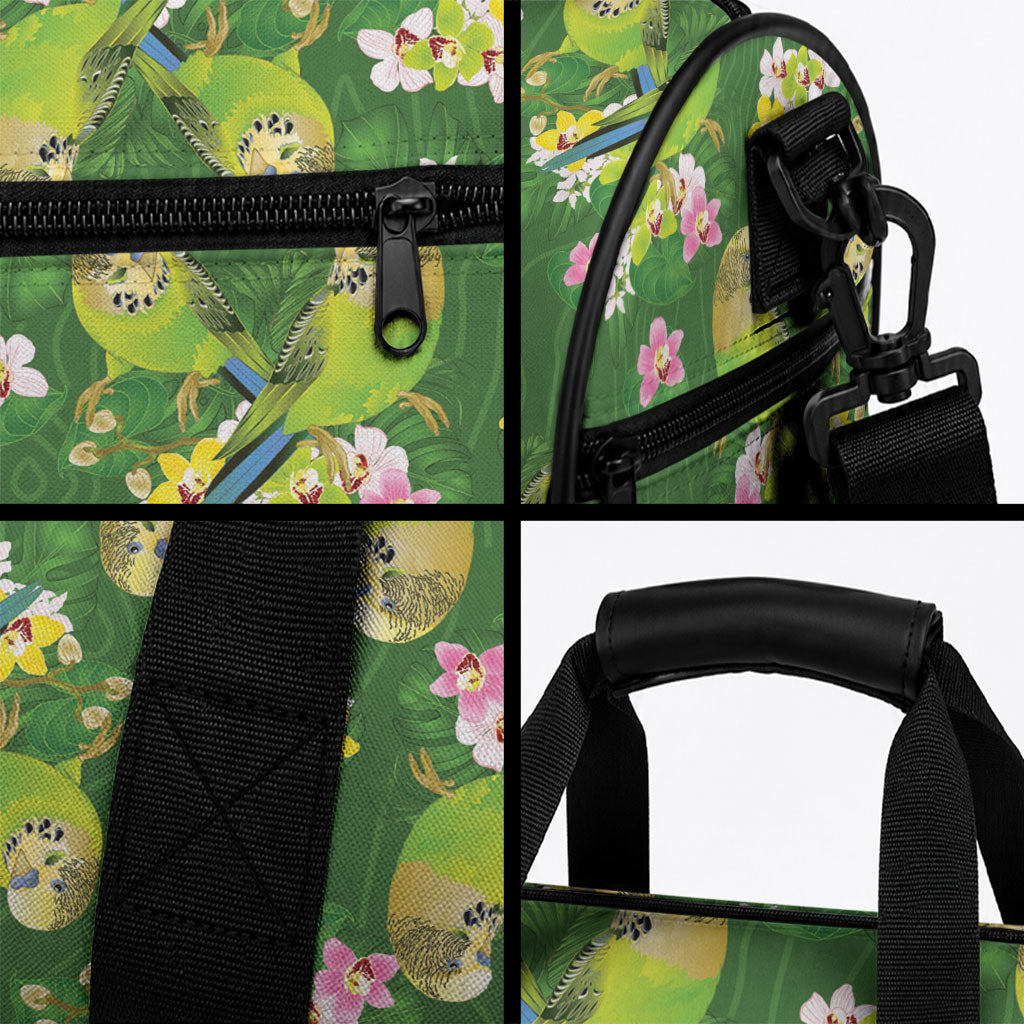 Australia Budgerigars Parakeets Duffle Bag Green And Yellow Bird Seamless Orchids Flowers
