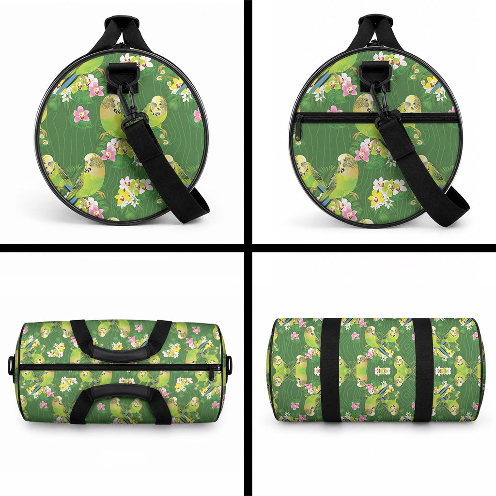 Australia Budgerigars Parakeets Duffle Bag Green And Yellow Bird Seamless Orchids Flowers