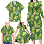 Australia Budgerigars Parakeets Family Matching Long Sleeve Bodycon Dress and Hawaiian Shirt Green And Yellow Bird Seamless Orchids Flowers
