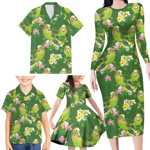 Australia Budgerigars Parakeets Family Matching Long Sleeve Bodycon Dress and Hawaiian Shirt Green And Yellow Bird Seamless Orchids Flowers