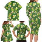 Australia Budgerigars Parakeets Family Matching Long Sleeve Bodycon Dress and Hawaiian Shirt Green And Yellow Bird Seamless Orchids Flowers