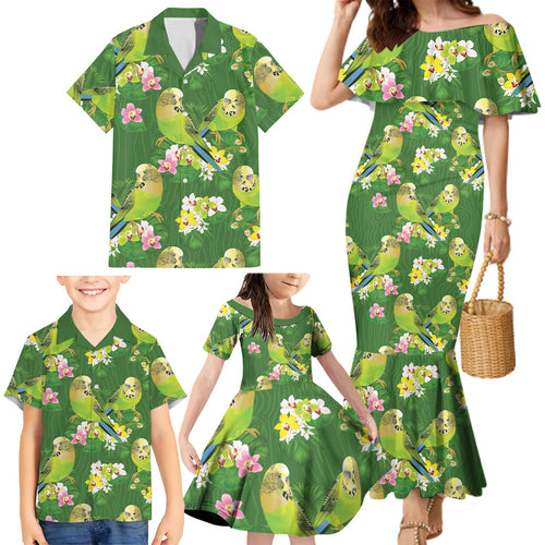Australia Budgerigars Parakeets Family Matching Mermaid Dress and Hawaiian Shirt Green And Yellow Bird Seamless Orchids Flowers