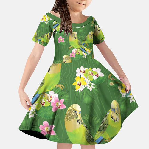 Australia Budgerigars Parakeets Family Matching Mermaid Dress and Hawaiian Shirt Green And Yellow Bird Seamless Orchids Flowers