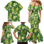 Australia Budgerigars Parakeets Family Matching Mermaid Dress and Hawaiian Shirt Green And Yellow Bird Seamless Orchids Flowers