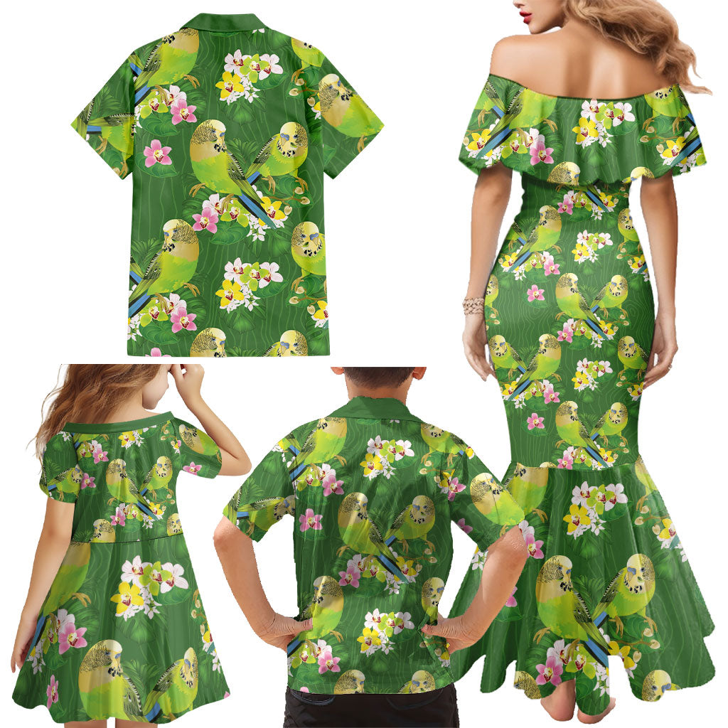 Australia Budgerigars Parakeets Family Matching Mermaid Dress and Hawaiian Shirt Green And Yellow Bird Seamless Orchids Flowers