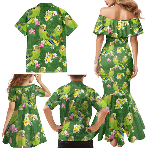 Australia Budgerigars Parakeets Family Matching Mermaid Dress and Hawaiian Shirt Green And Yellow Bird Seamless Orchids Flowers
