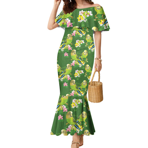 Australia Budgerigars Parakeets Family Matching Mermaid Dress and Hawaiian Shirt Green And Yellow Bird Seamless Orchids Flowers