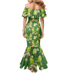 Australia Budgerigars Parakeets Family Matching Mermaid Dress and Hawaiian Shirt Green And Yellow Bird Seamless Orchids Flowers