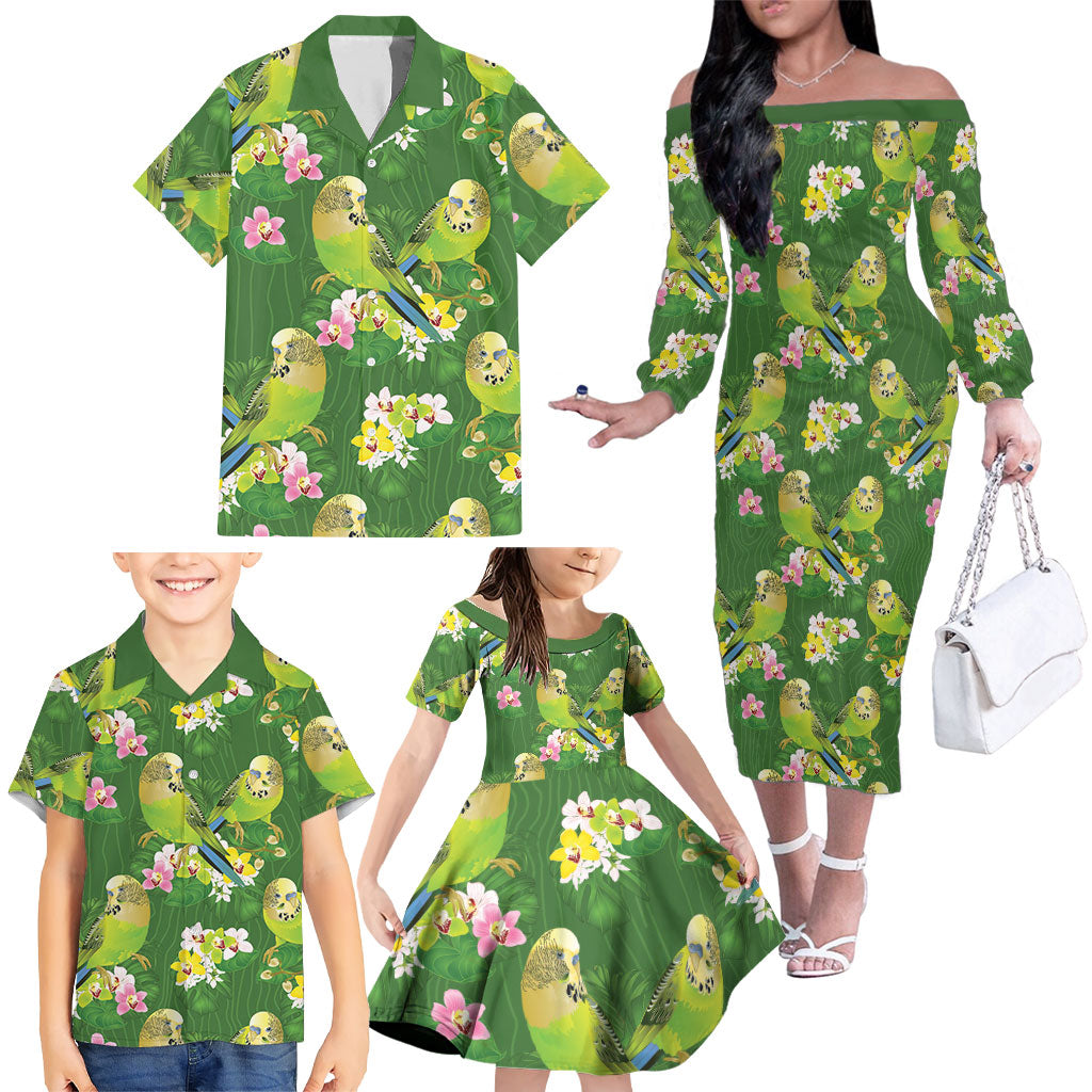 Australia Budgerigars Parakeets Family Matching Off The Shoulder Long Sleeve Dress and Hawaiian Shirt Green And Yellow Bird Seamless Orchids Flowers