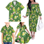 Australia Budgerigars Parakeets Family Matching Off The Shoulder Long Sleeve Dress and Hawaiian Shirt Green And Yellow Bird Seamless Orchids Flowers