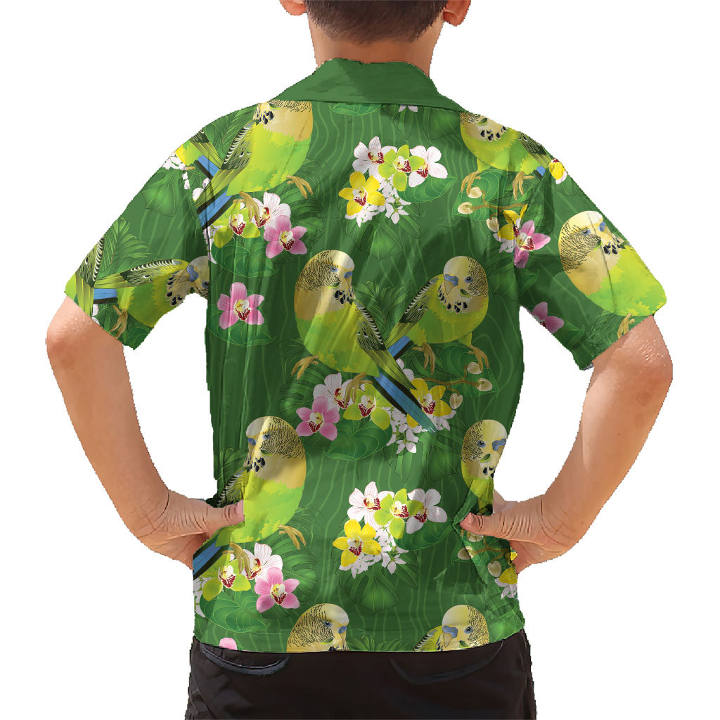 Australia Budgerigars Parakeets Family Matching Off The Shoulder Long Sleeve Dress and Hawaiian Shirt Green And Yellow Bird Seamless Orchids Flowers