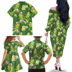 Australia Budgerigars Parakeets Family Matching Off The Shoulder Long Sleeve Dress and Hawaiian Shirt Green And Yellow Bird Seamless Orchids Flowers