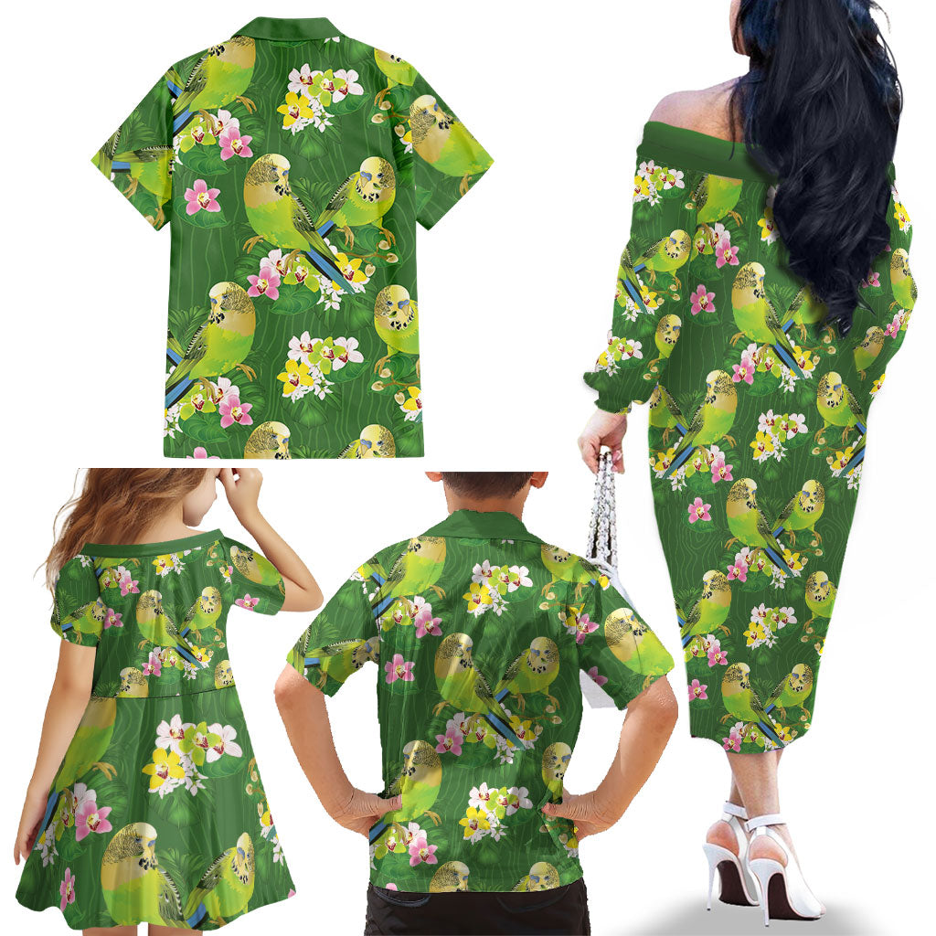 Australia Budgerigars Parakeets Family Matching Off The Shoulder Long Sleeve Dress and Hawaiian Shirt Green And Yellow Bird Seamless Orchids Flowers