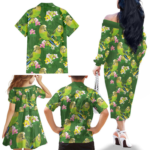 Australia Budgerigars Parakeets Family Matching Off The Shoulder Long Sleeve Dress and Hawaiian Shirt Green And Yellow Bird Seamless Orchids Flowers