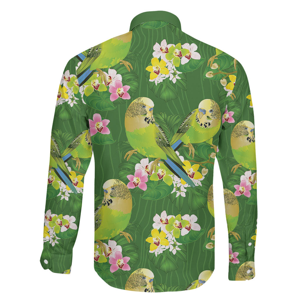 Australia Budgerigars Parakeets Family Matching Off The Shoulder Long Sleeve Dress and Hawaiian Shirt Green And Yellow Bird Seamless Orchids Flowers