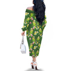 Australia Budgerigars Parakeets Family Matching Off The Shoulder Long Sleeve Dress and Hawaiian Shirt Green And Yellow Bird Seamless Orchids Flowers