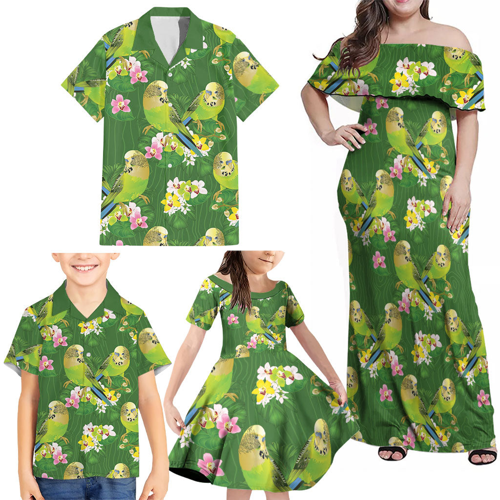 Australia Budgerigars Parakeets Family Matching Off Shoulder Maxi Dress and Hawaiian Shirt Green And Yellow Bird Seamless Orchids Flowers