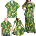 Australia Budgerigars Parakeets Family Matching Off Shoulder Maxi Dress and Hawaiian Shirt Green And Yellow Bird Seamless Orchids Flowers