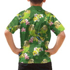 Australia Budgerigars Parakeets Family Matching Off Shoulder Maxi Dress and Hawaiian Shirt Green And Yellow Bird Seamless Orchids Flowers