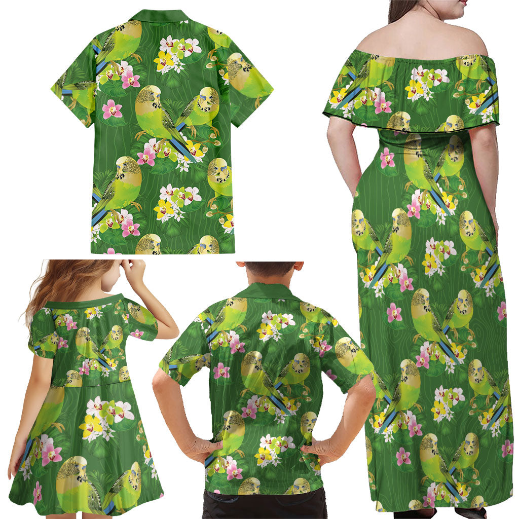 Australia Budgerigars Parakeets Family Matching Off Shoulder Maxi Dress and Hawaiian Shirt Green And Yellow Bird Seamless Orchids Flowers