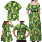 Australia Budgerigars Parakeets Family Matching Off Shoulder Maxi Dress and Hawaiian Shirt Green And Yellow Bird Seamless Orchids Flowers