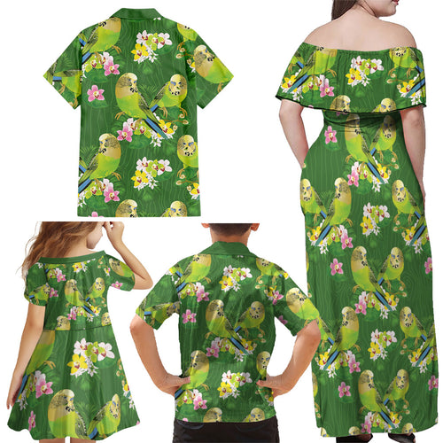 Australia Budgerigars Parakeets Family Matching Off Shoulder Maxi Dress and Hawaiian Shirt Green And Yellow Bird Seamless Orchids Flowers