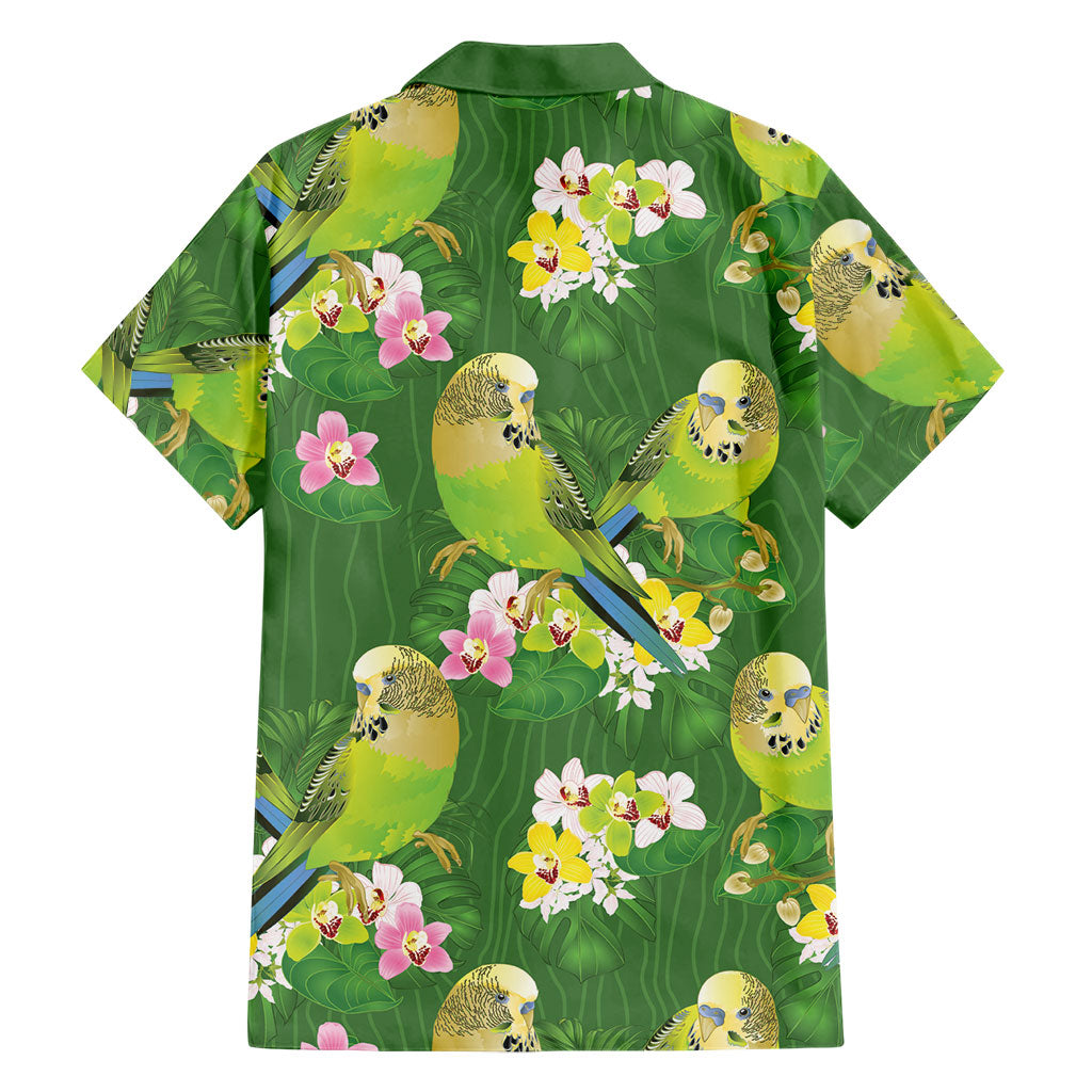 Australia Budgerigars Parakeets Family Matching Off Shoulder Maxi Dress and Hawaiian Shirt Green And Yellow Bird Seamless Orchids Flowers