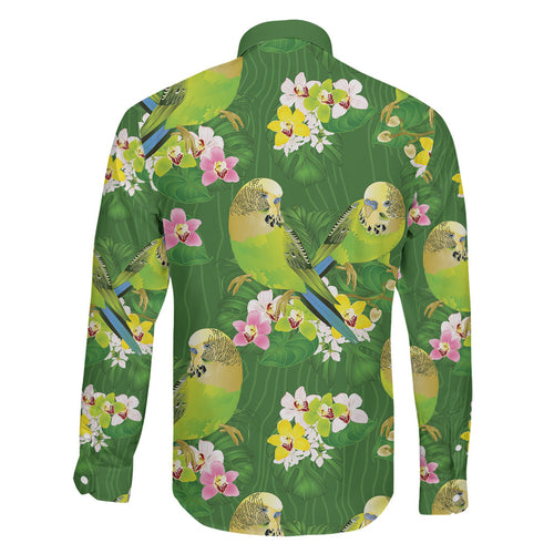 Australia Budgerigars Parakeets Family Matching Off Shoulder Maxi Dress and Hawaiian Shirt Green And Yellow Bird Seamless Orchids Flowers