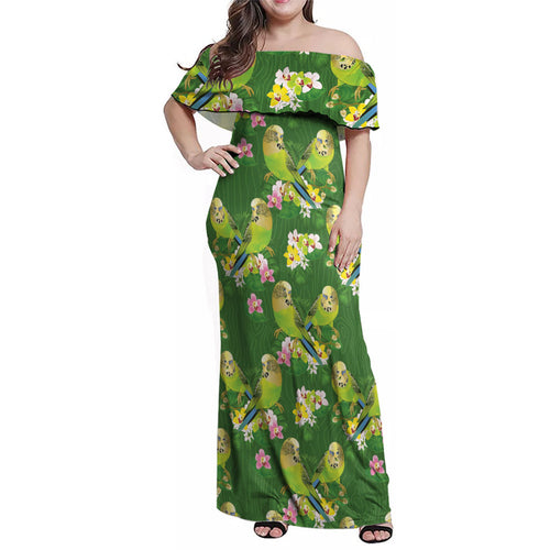 Australia Budgerigars Parakeets Family Matching Off Shoulder Maxi Dress and Hawaiian Shirt Green And Yellow Bird Seamless Orchids Flowers