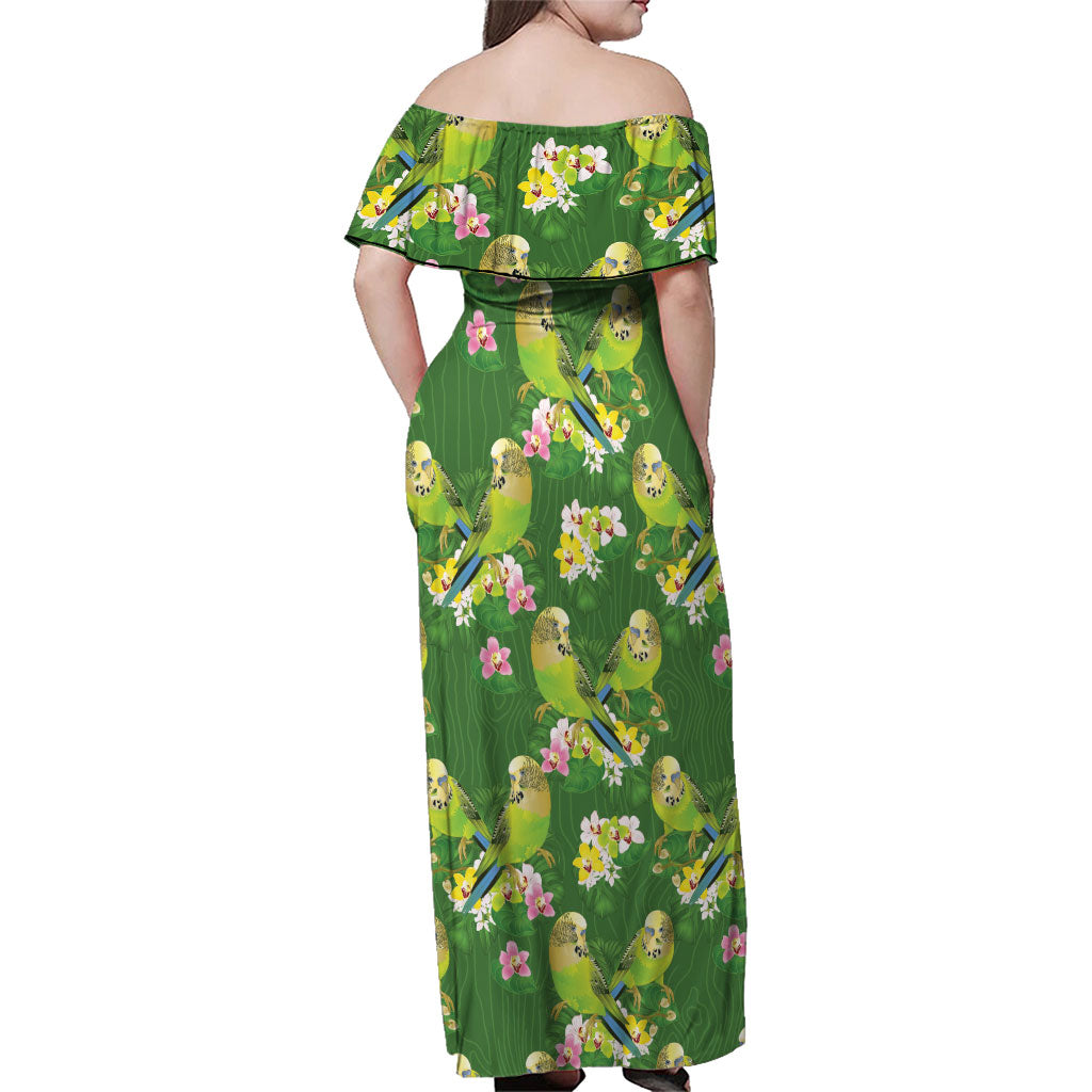 Australia Budgerigars Parakeets Family Matching Off Shoulder Maxi Dress and Hawaiian Shirt Green And Yellow Bird Seamless Orchids Flowers