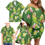 Australia Budgerigars Parakeets Family Matching Off Shoulder Short Dress and Hawaiian Shirt Green And Yellow Bird Seamless Orchids Flowers
