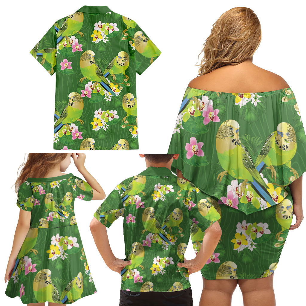 Australia Budgerigars Parakeets Family Matching Off Shoulder Short Dress and Hawaiian Shirt Green And Yellow Bird Seamless Orchids Flowers
