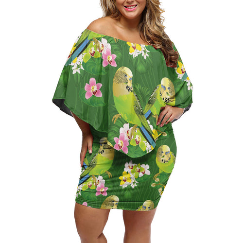 Australia Budgerigars Parakeets Family Matching Off Shoulder Short Dress and Hawaiian Shirt Green And Yellow Bird Seamless Orchids Flowers
