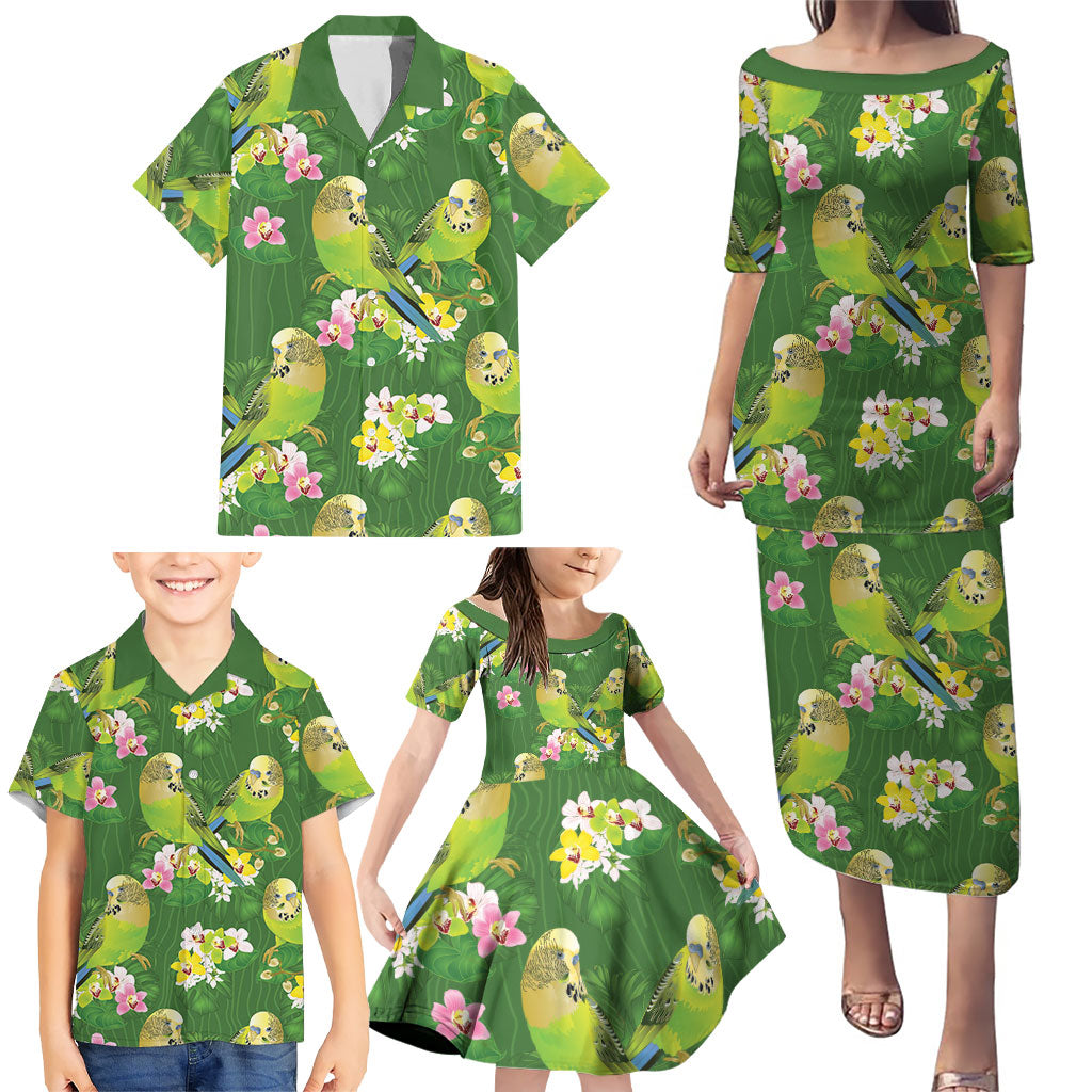 Australia Budgerigars Parakeets Family Matching Puletasi and Hawaiian Shirt Green And Yellow Bird Seamless Orchids Flowers