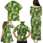 Australia Budgerigars Parakeets Family Matching Puletasi and Hawaiian Shirt Green And Yellow Bird Seamless Orchids Flowers