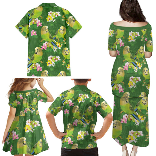 Australia Budgerigars Parakeets Family Matching Puletasi and Hawaiian Shirt Green And Yellow Bird Seamless Orchids Flowers