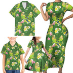 Australia Budgerigars Parakeets Family Matching Short Sleeve Bodycon Dress and Hawaiian Shirt Green And Yellow Bird Seamless Orchids Flowers