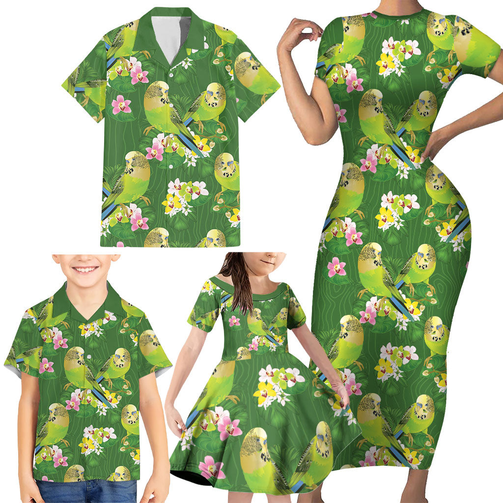 Australia Budgerigars Parakeets Family Matching Short Sleeve Bodycon Dress and Hawaiian Shirt Green And Yellow Bird Seamless Orchids Flowers