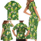 Australia Budgerigars Parakeets Family Matching Short Sleeve Bodycon Dress and Hawaiian Shirt Green And Yellow Bird Seamless Orchids Flowers