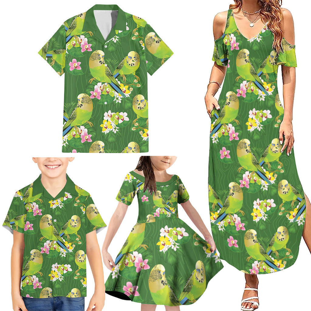Australia Budgerigars Parakeets Family Matching Summer Maxi Dress and Hawaiian Shirt Green And Yellow Bird Seamless Orchids Flowers