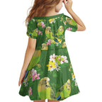 Australia Budgerigars Parakeets Family Matching Summer Maxi Dress and Hawaiian Shirt Green And Yellow Bird Seamless Orchids Flowers