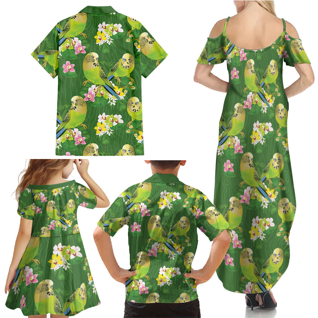 Australia Budgerigars Parakeets Family Matching Summer Maxi Dress and Hawaiian Shirt Green And Yellow Bird Seamless Orchids Flowers