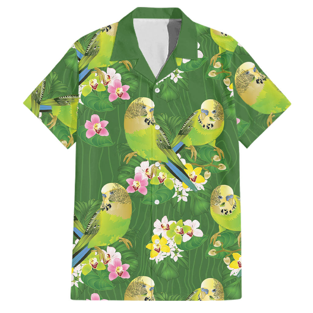 Australia Budgerigars Parakeets Family Matching Summer Maxi Dress and Hawaiian Shirt Green And Yellow Bird Seamless Orchids Flowers